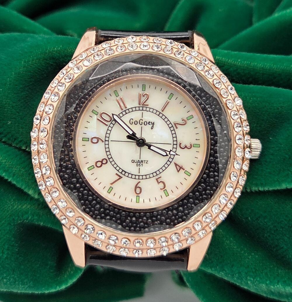 GoGoey Floating Caviar Bead Watch Black Rhinestone Rose Gold Band WORKING